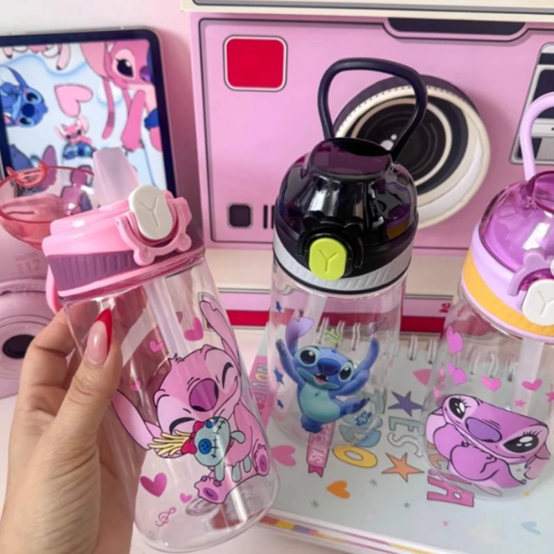 Summer Water Bottle Water Cup with Straw and Portable Handheld Stitch Character Design 500 ml BPA-free plastic, safe for children, Snap button with leak-proof lid  (S60-20)